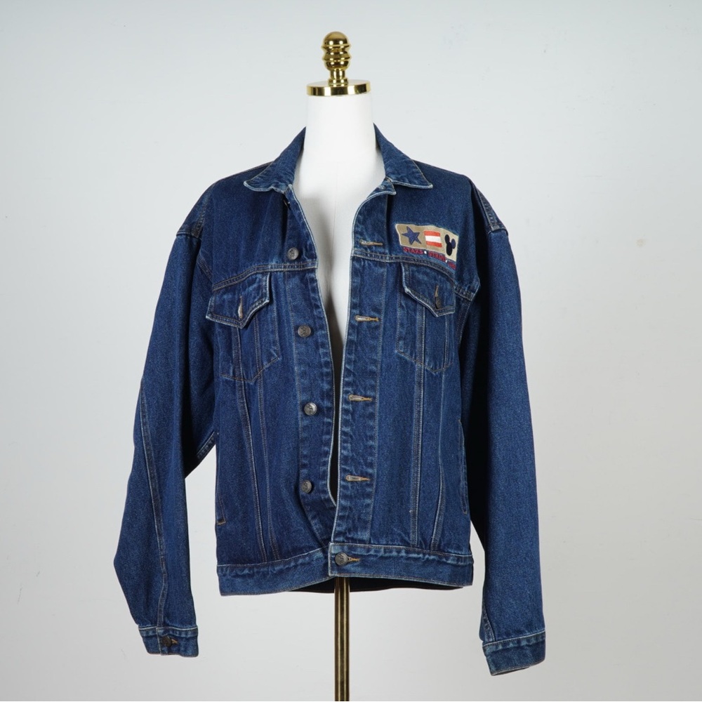Vintage Mickey‎ Inc Blue Denim Jacket w USA Flag and character Motifs Patch Y2K